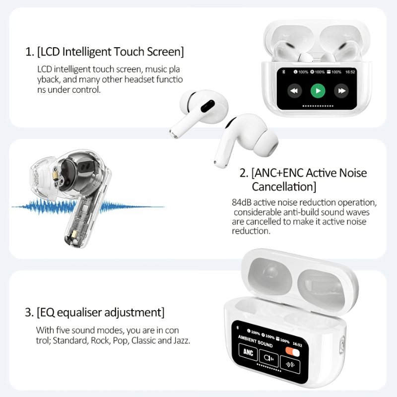 TouchPods S10 Pro ANC/ENC bežične Bluetooth slušalice, LCD zaslon na dodir, aktivno poništavanje buke, pametni AI prevoditelj