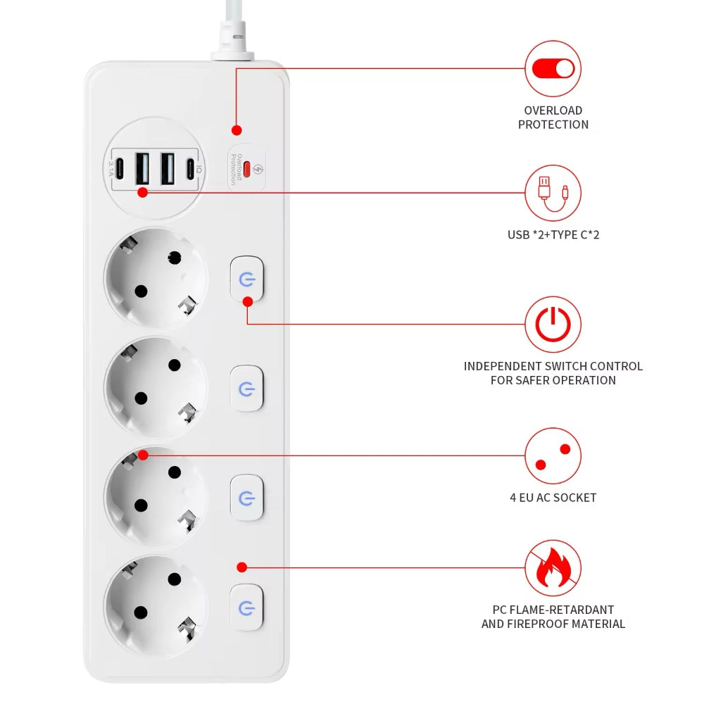 Produžni kabel s prenaponskom zaštitom, prekidačem, 4 x Schuko, 2 x USB-A, 2 x USB-C